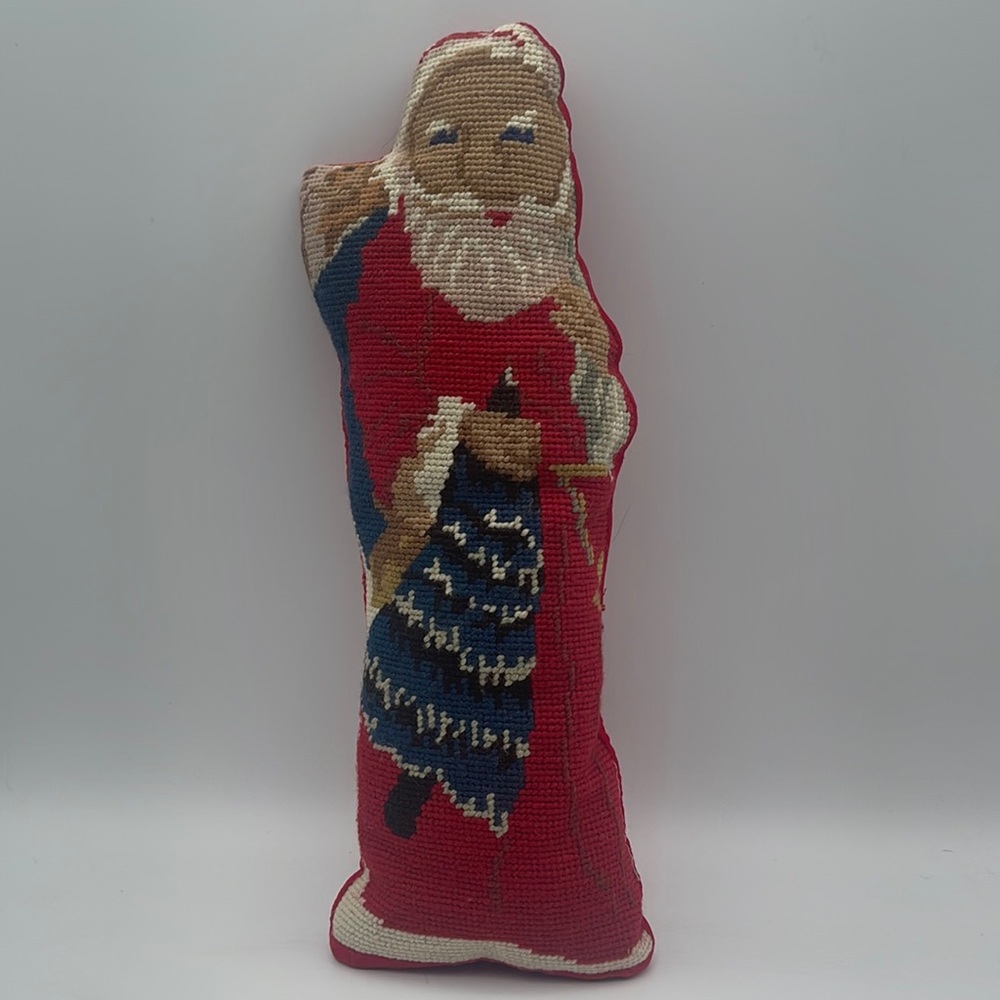 Santa Claus Needlepoint Pillow Velvet Backing Christmas Country Farmhouse